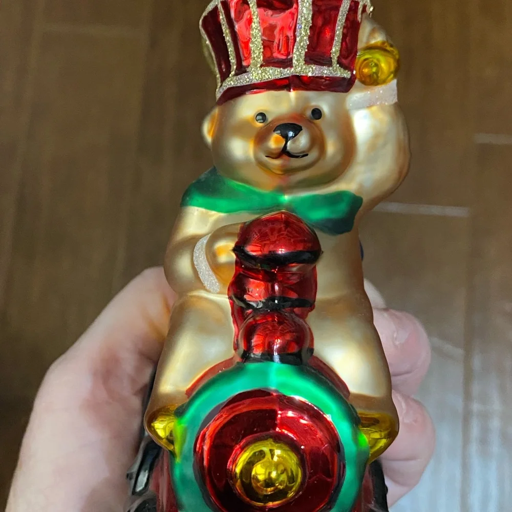 Vtg Lao Mai Christmas Bear Driving Train Glass Ornament